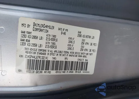 2007 Dodge Grand Caravan Sxt из США, поврежденный, VIN 2D4GP44L67R132141